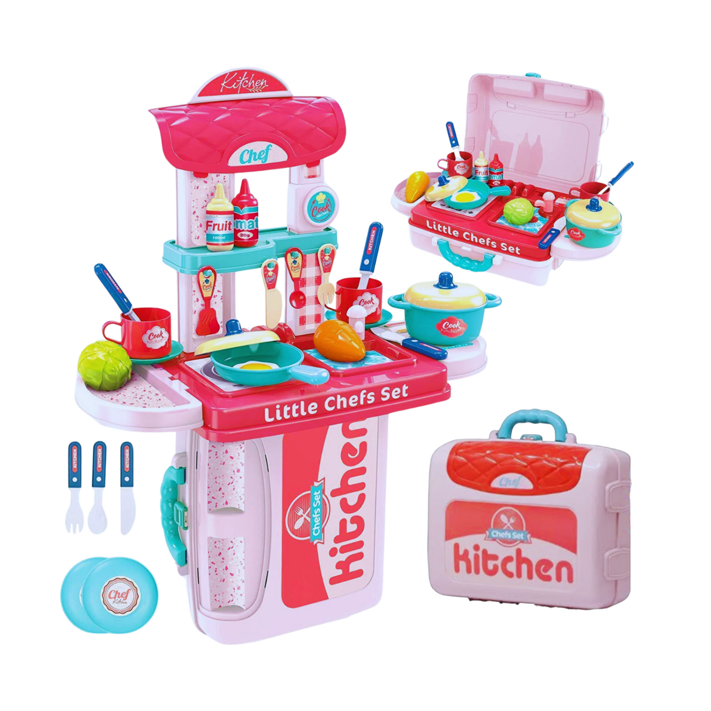 3-in-1 kids little chef kitchen play set with cookware, utensils, food toys, and portable carry case for fun cooking play and early learning