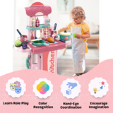 Child playing with 3-in-1 little chef kitchen play set showing learning benefits like role play, color recognition, hand-eye coordination, and imagination