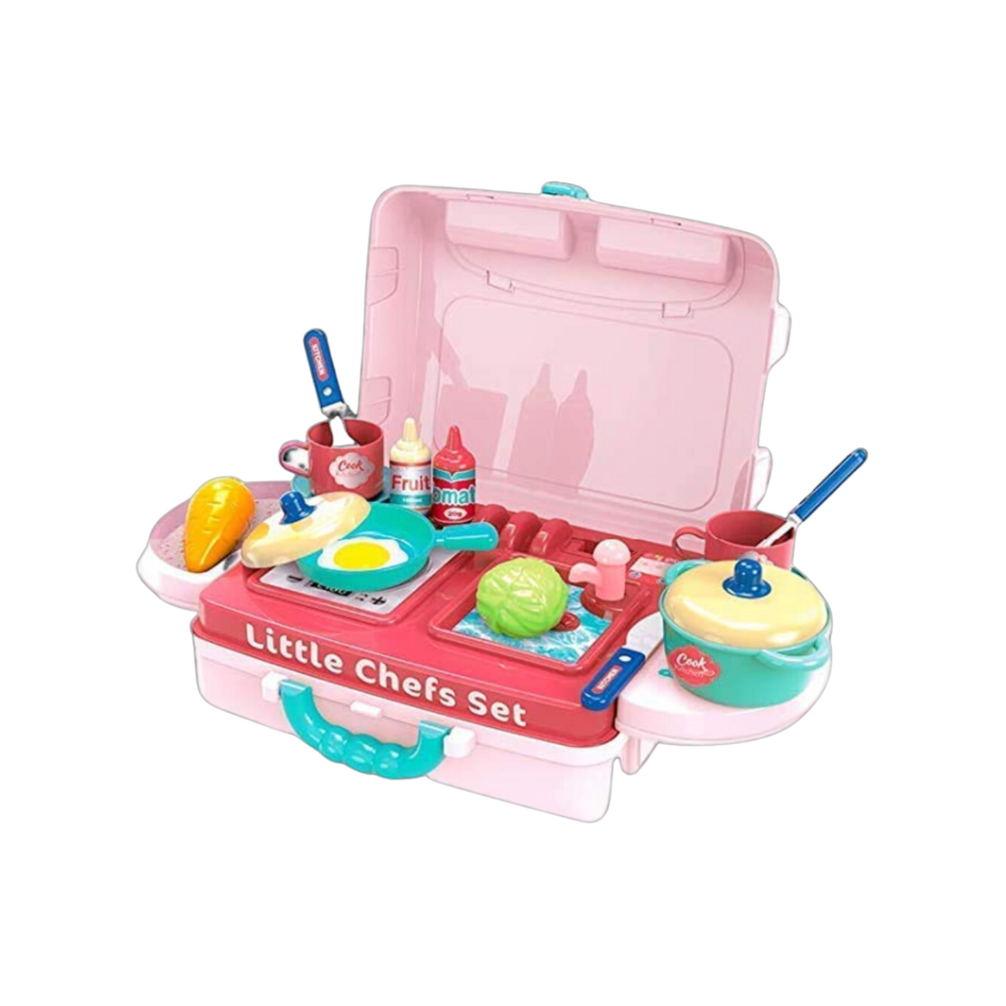 Portable 3-in-1 little chef kitchen play set with mini stove, cookware, utensils, food toys, and foldable carry case for fun cooking play and early learning