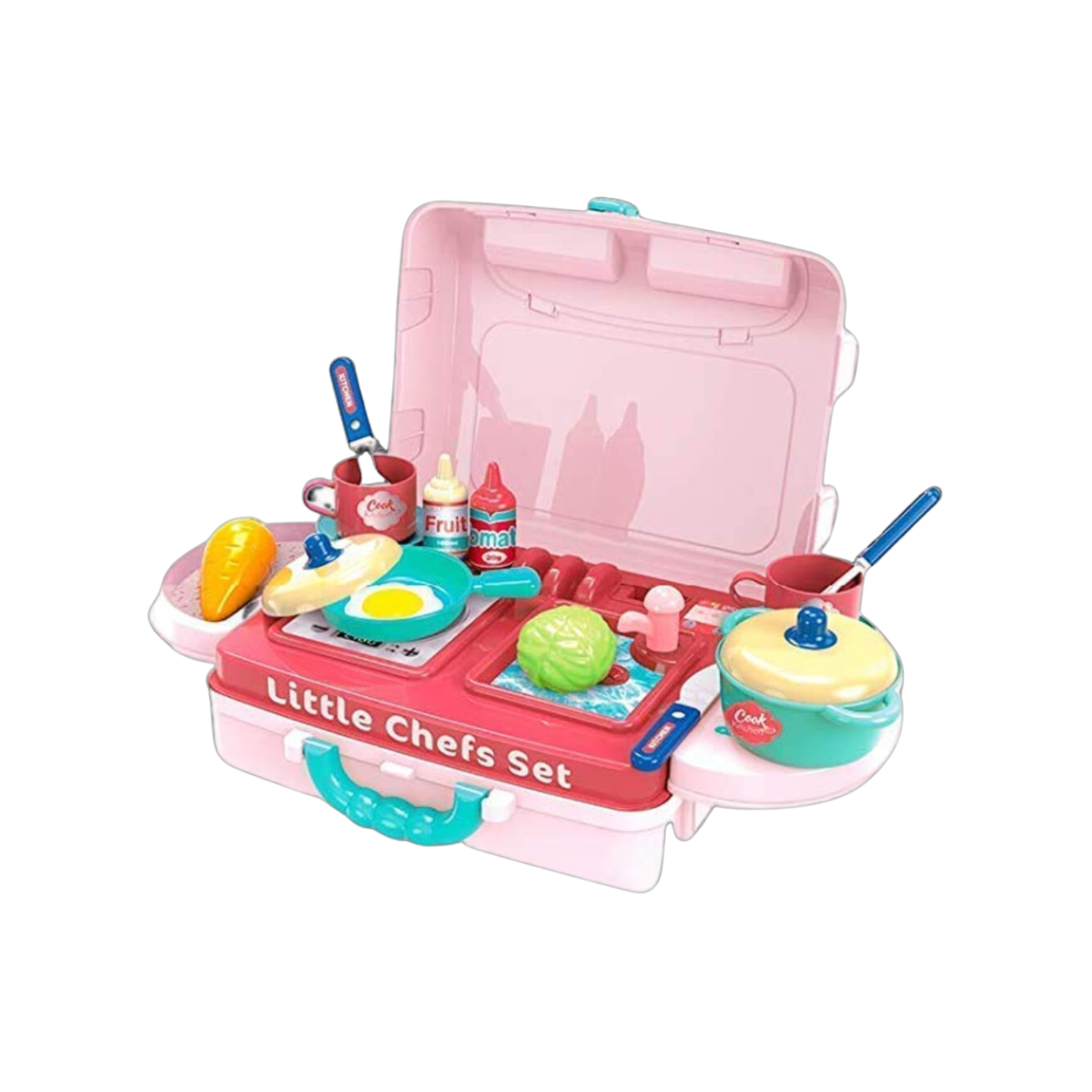 Portable 3-in-1 little chef kitchen play set with mini stove, cookware, utensils, food toys, and foldable carry case for fun cooking play and early learning