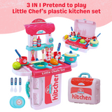 3-in-1 little chef pretend play kitchen set with stove, cookware, utensils, food toys, and portable carry case for fun cooking play and early learning