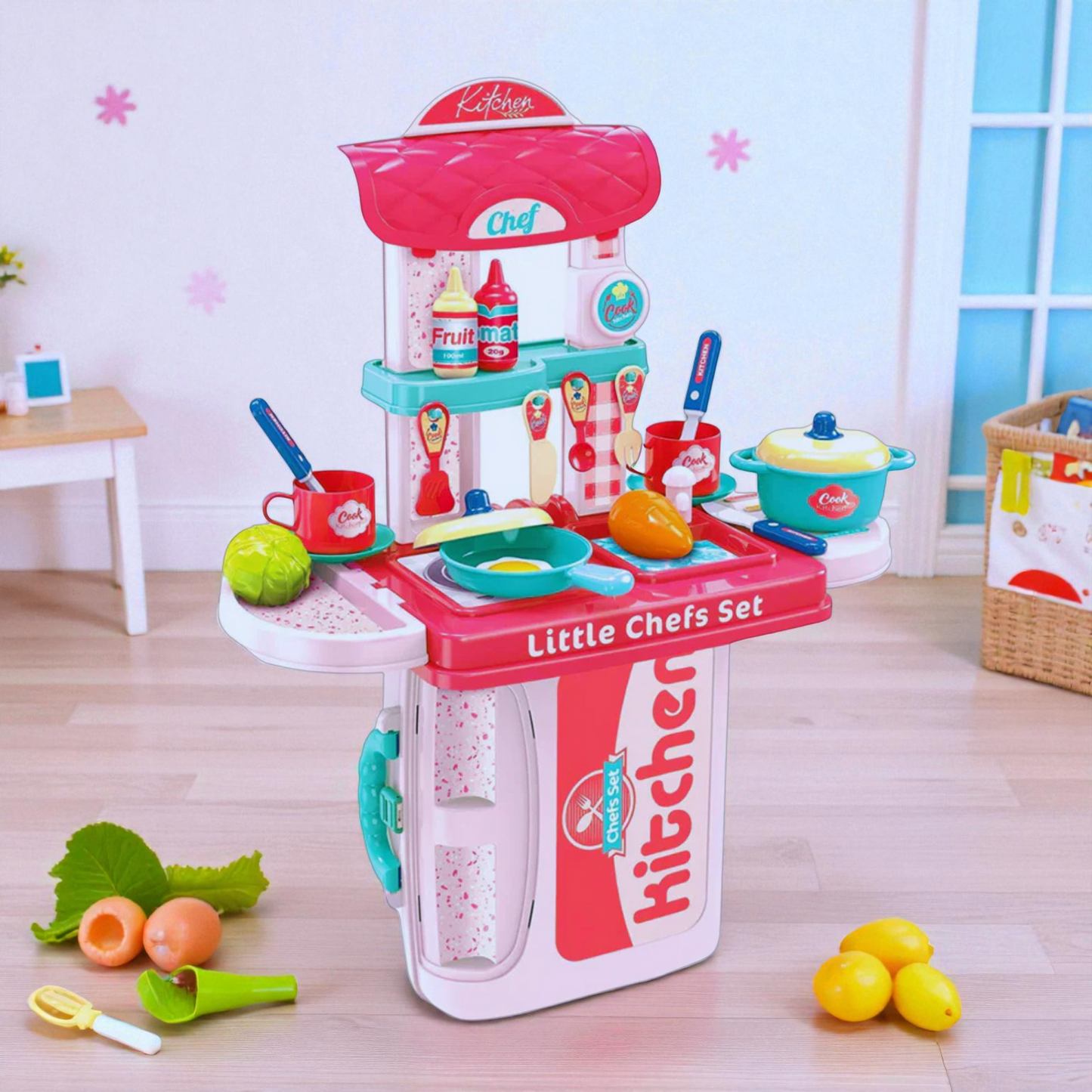 Kids 3-in-1 little chef kitchen play set arranged in a room setup with cookware, utensils, and food toys for fun cooking play and early learning