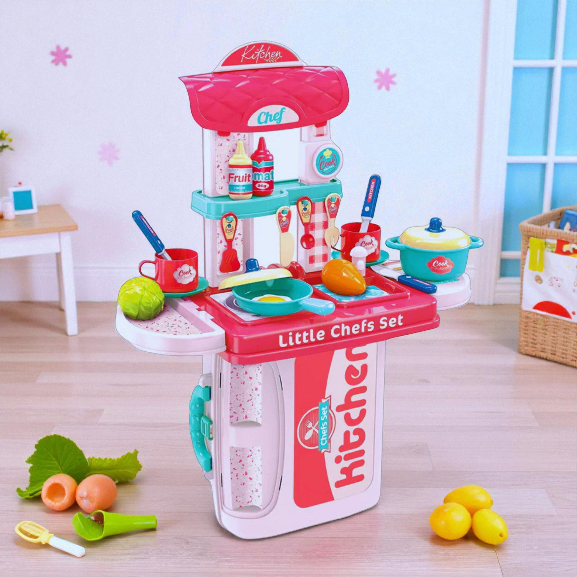 Kids 3-in-1 little chef kitchen play set arranged in a room setup with cookware, utensils, and food toys for fun cooking play and early learning