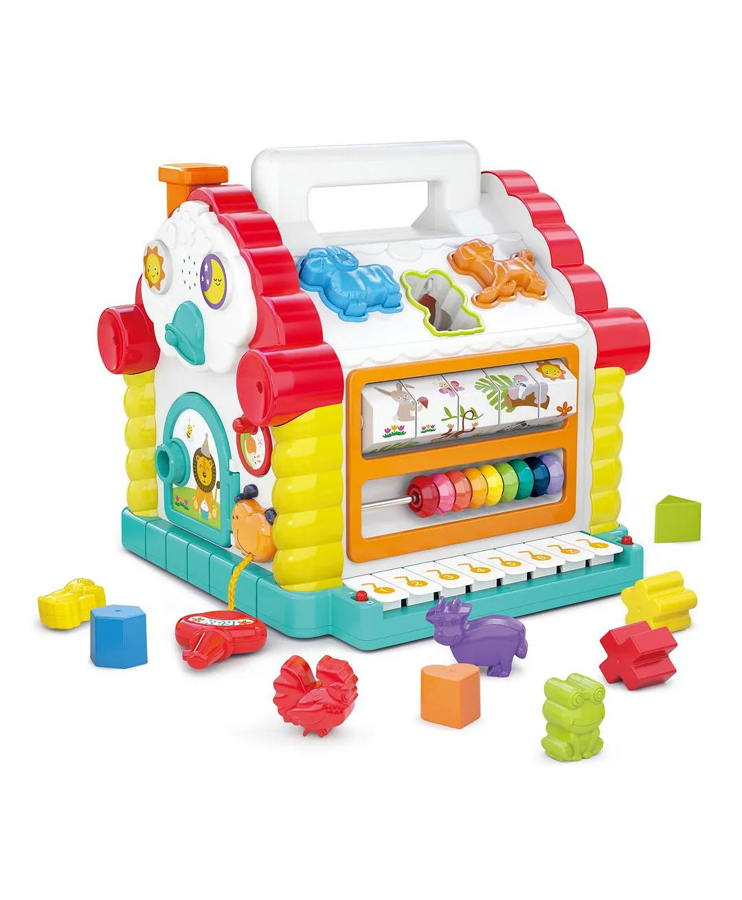 Baby activity learning house toy with shape sorter music keys and colorful blocks in angle view
