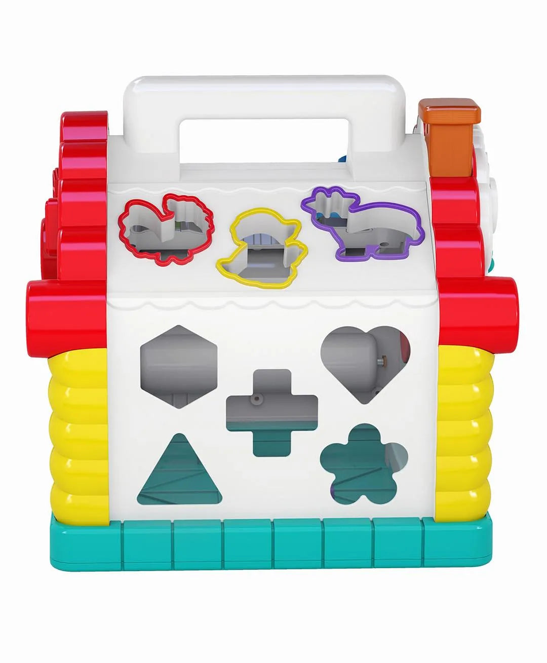 Back view of baby activity learning house toy showing multiple shape sorting slots and colorful outlines