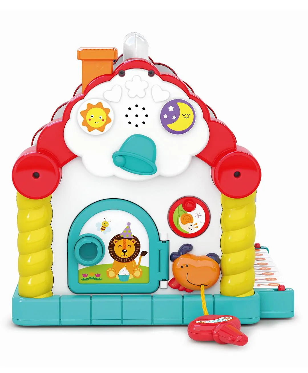 Front close up of baby activity learning house toy showing door sound buttons and playful animal details