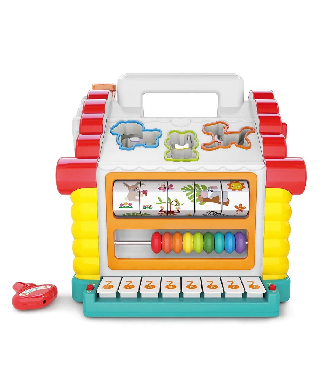 Front view of baby activity learning house toy with music keys shape sorter and colorful play blocks
