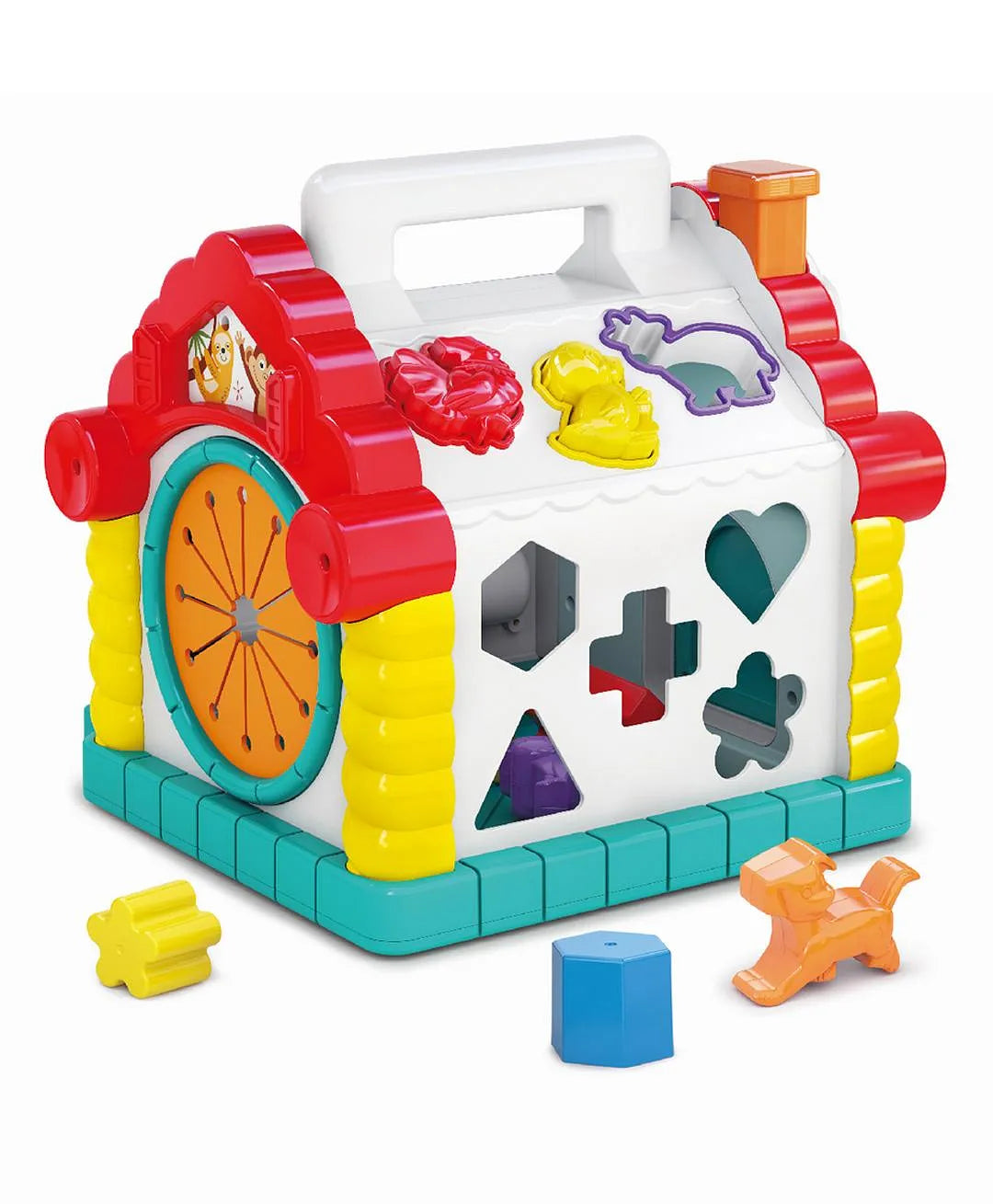 Side view of baby activity learning house toy with shape sorter slots and colorful blocks for toddlers
