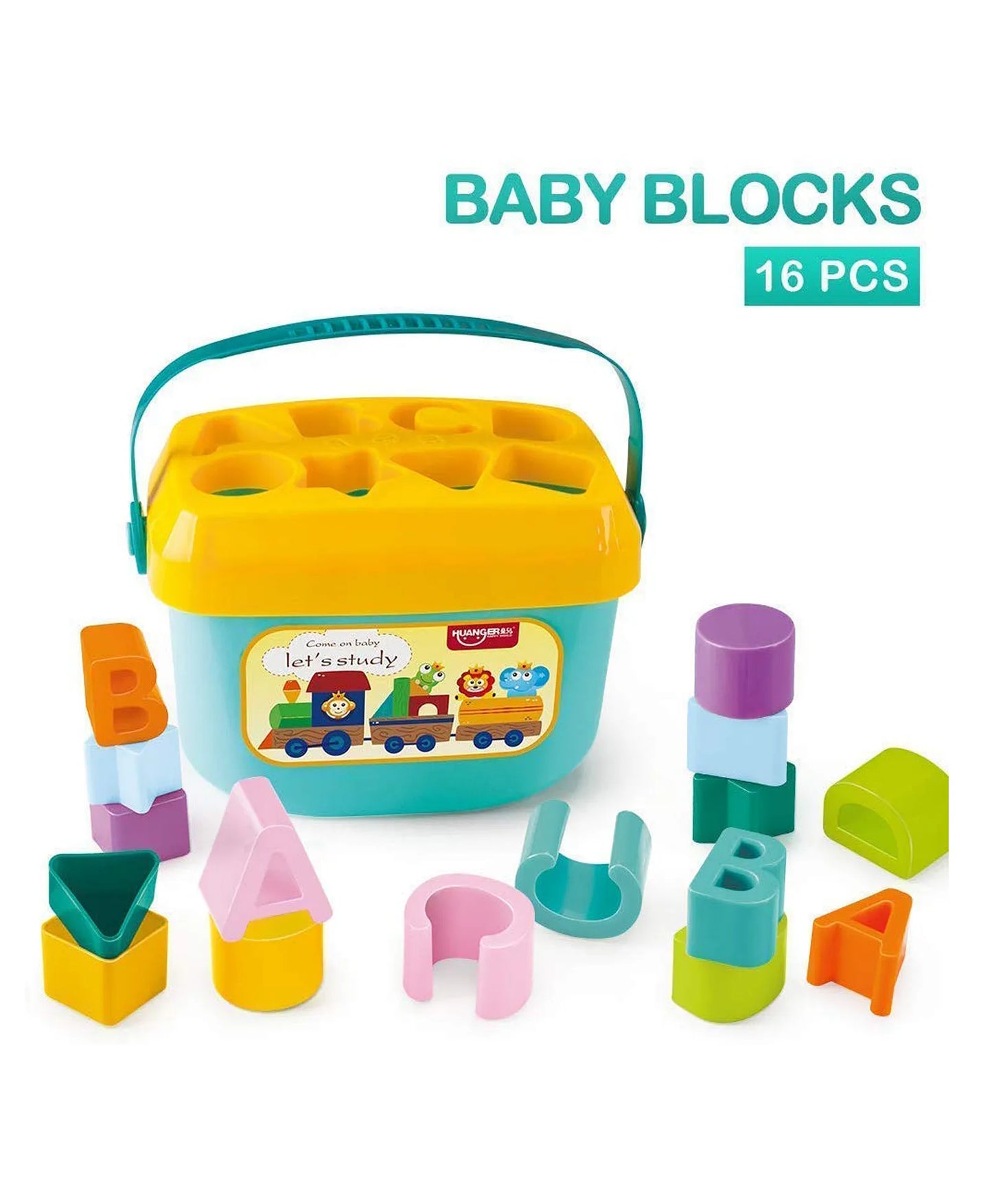Baby early learning letter shape sorting bucket with 16 colorful ABC and shape blocks for simple sorting play