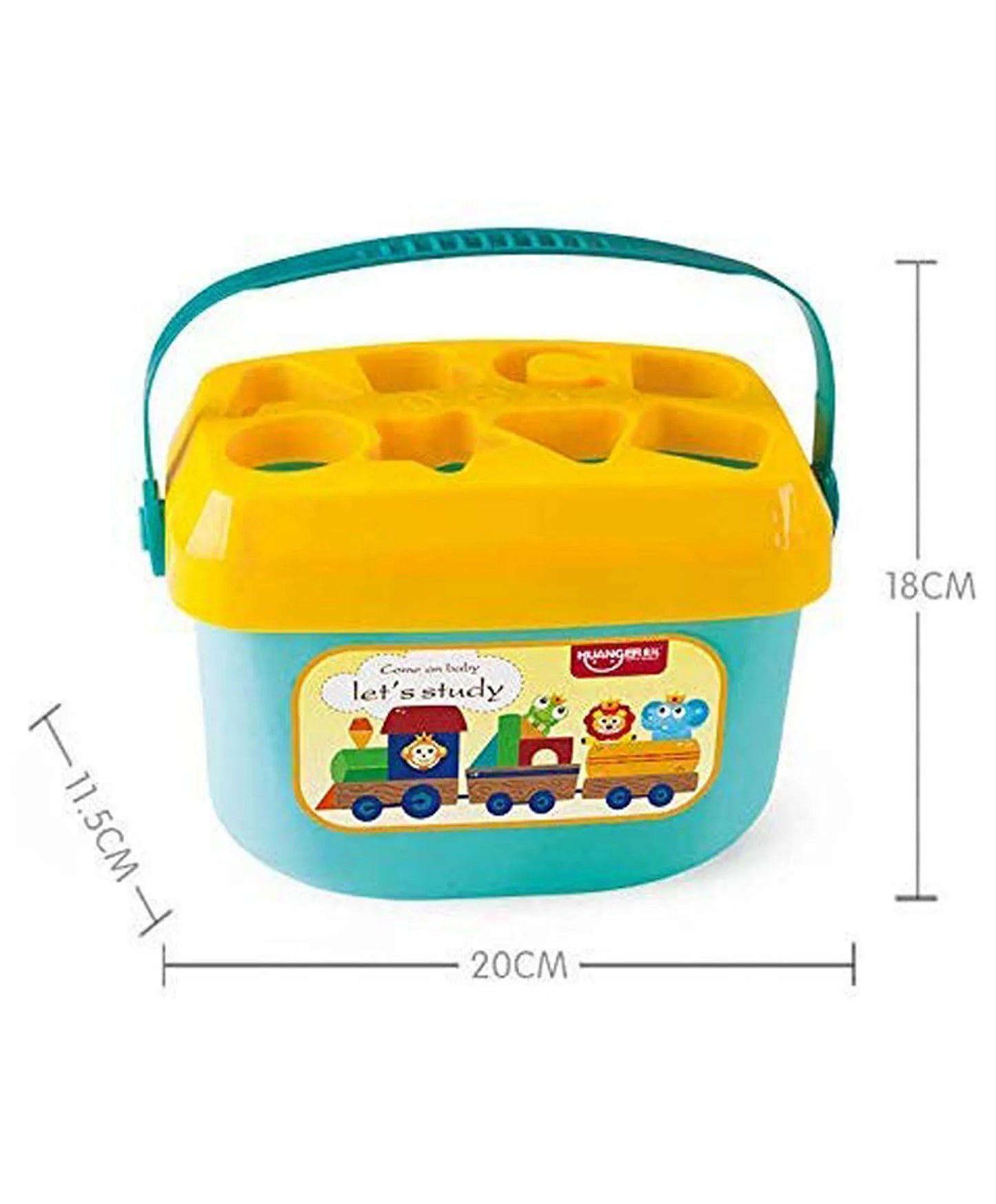 Dimensions of baby early learning letter shape sorting bucket showing height, width, and depth