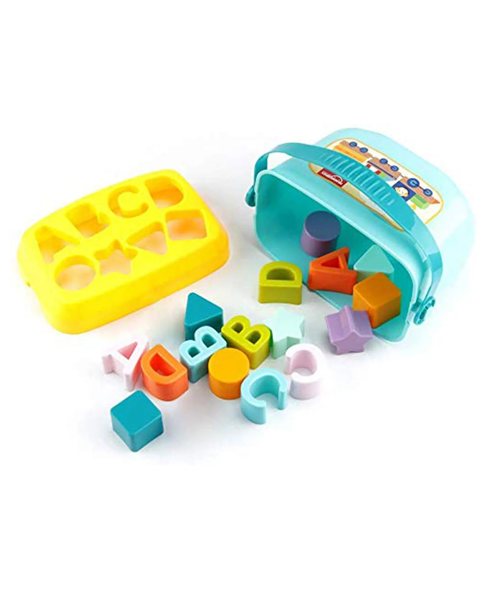 Baby learning bucket with colorful alphabet blocks for shape sorting and ABC practice