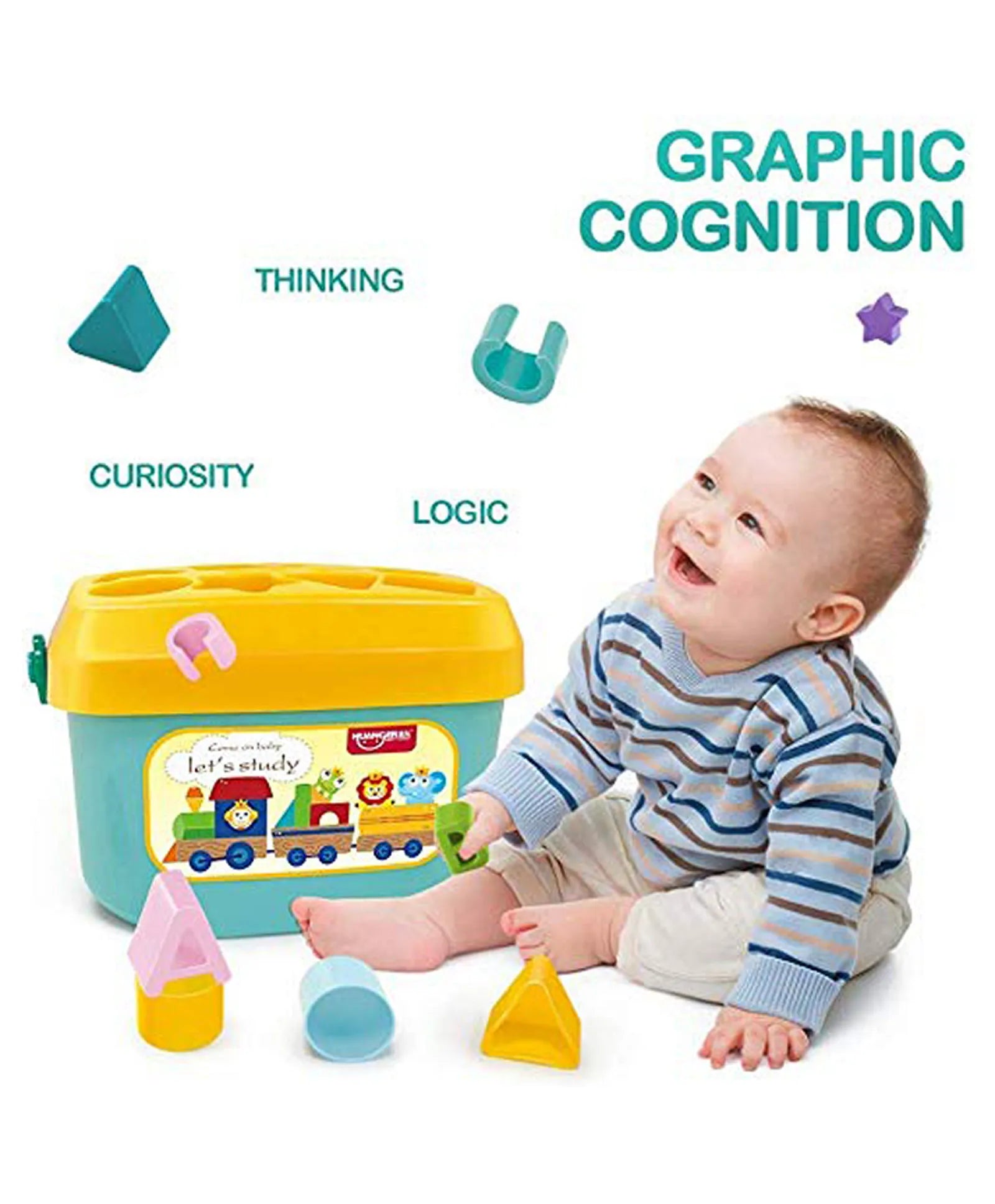 Baby playing with letter shape sorting kit to develop thinking, logic, curiosity, and graphic cognition