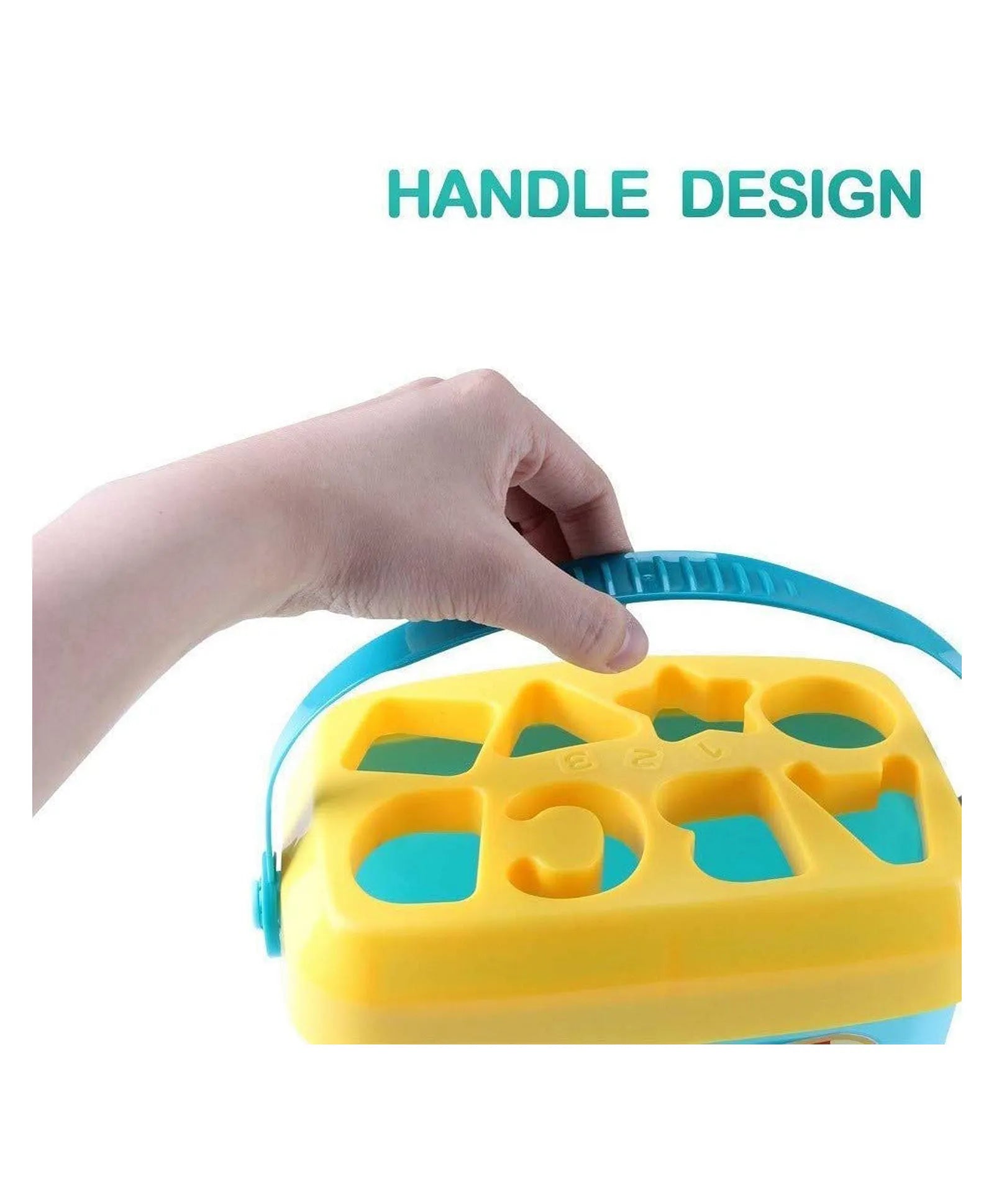 Close-up of early learning letter shape sorting bucket showing easy-to-hold handle design for babies