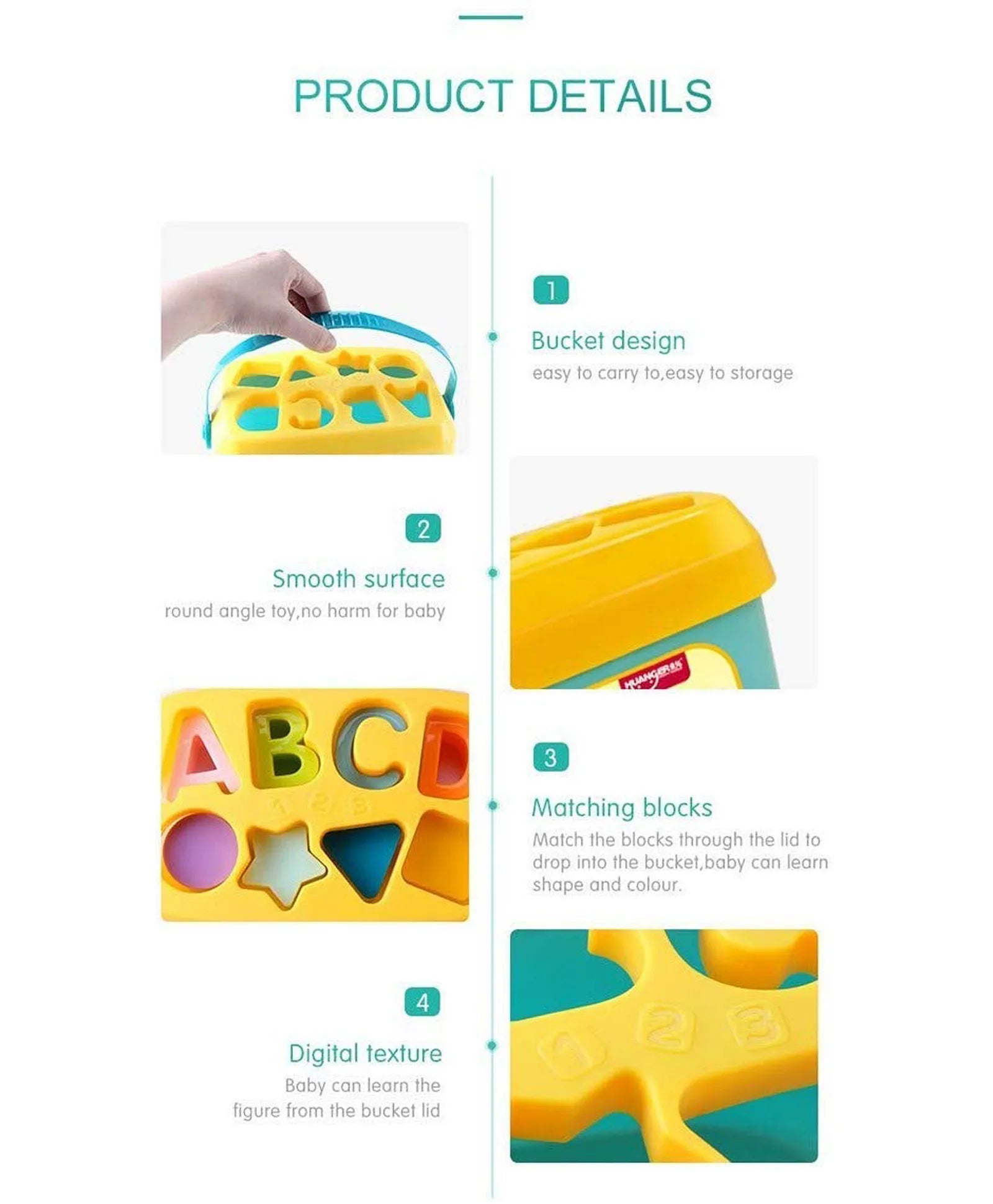 Product details of baby early learning letter shape kit showing bucket design, smooth surface, matching blocks, and digital texture features