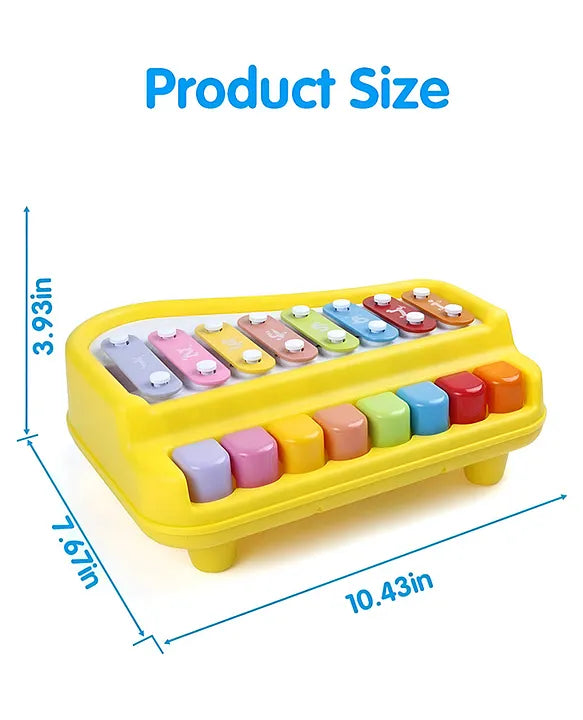 Baby musical xylophone piano toy showing full product dimensions with colorful keys and compact design measurements