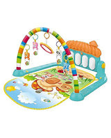 Front angle of baby piano activity mat showing hanging toys and colorful arch