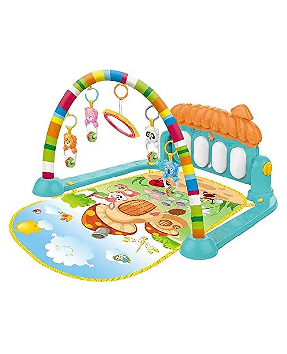 Front angle of baby piano activity mat showing hanging toys and colorful arch
