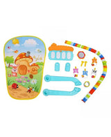 Complete parts layout of the baby piano gym play mat showing mat, piano, arches, and colorful hanging toys before assembly