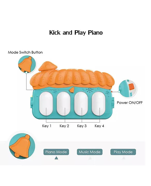 Kick and play piano of the baby gym play mat showing power button, mode switch, and labeled four soft piano keys