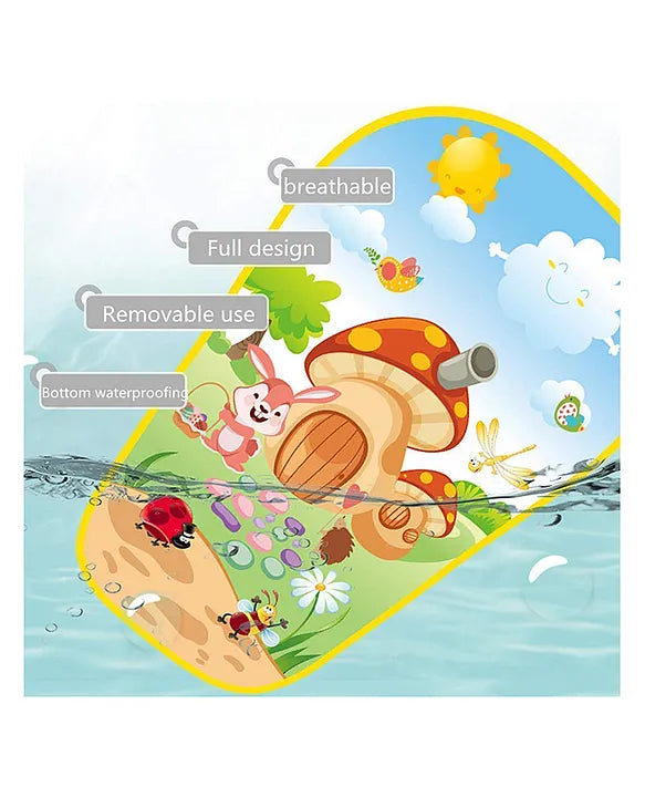 Illustrated view of the baby piano gym play mat showing waterproof bottom, breathable fabric, and full colorful design