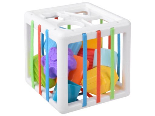 Baby Shape Activity Cube Designed for Early Sorting and Tactile Learning with colorful shapes in a cube