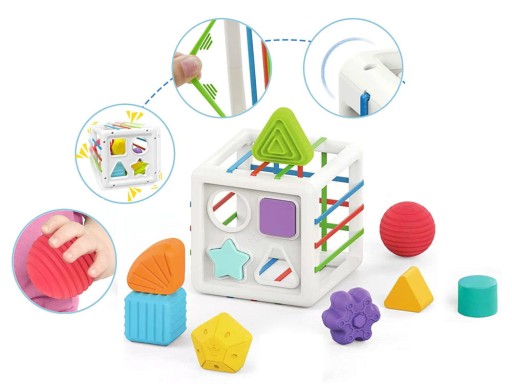 Baby Shape Activity Cube Designed for Early Sorting and Tactile Learning with shape pieces and close up views