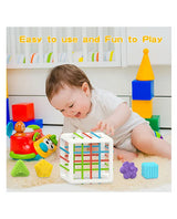 Baby Shape Sorting Cube Featuring Soft Shapes and Easy Push shown with baby playing on the floor