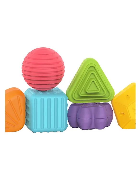 Baby Shape Sorting Cube Featuring Soft Shapes and Easy Push shown with colorful close up shape pieces