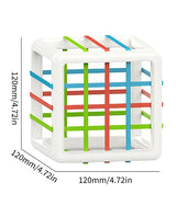 Baby Shape Sorting Cube Featuring Soft Shapes and Easy Push shown with cube size measurements displayed