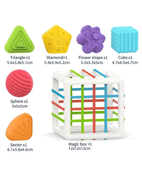 Baby Shape Sorting Cube Featuring Soft Shapes and Easy Push showing shape sizes and the sorting cube