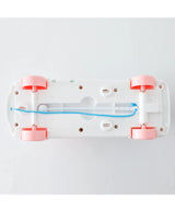 Bottom view of musical learning bus toy showing wheels pull string and base structure for toddler play