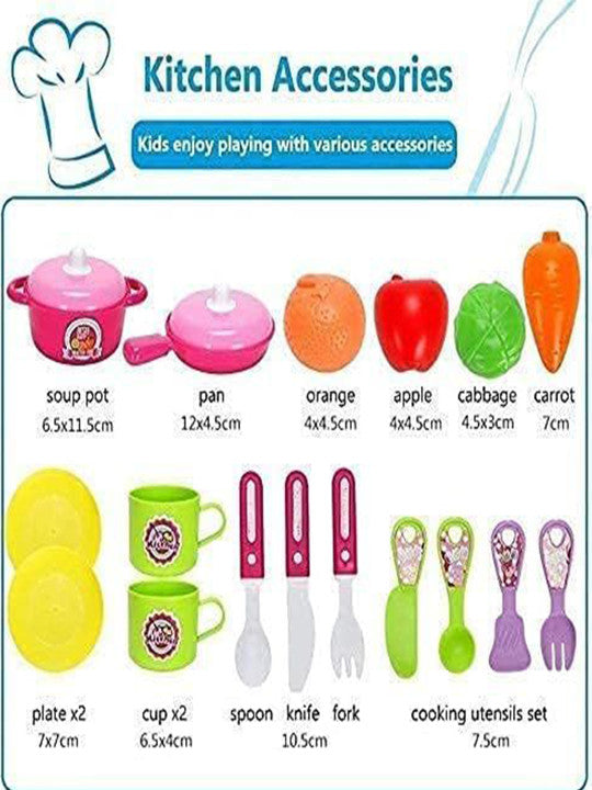Kitchen accessories from kids fun kitchen suitcase play kit including toy pots, pans, fruits, cups, plates, spoons, knives, forks, and cooking utensil set
