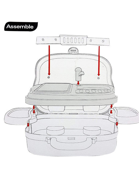 Assembly instructions for kids fun kitchen suitcase play kit showing how to attach the stove top and side trays to the suitcase base