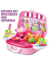 Kids fun kitchen suitcase play kit showing toy fruits, utensils, cups, pans, and cooking accessories for pretend cooking play