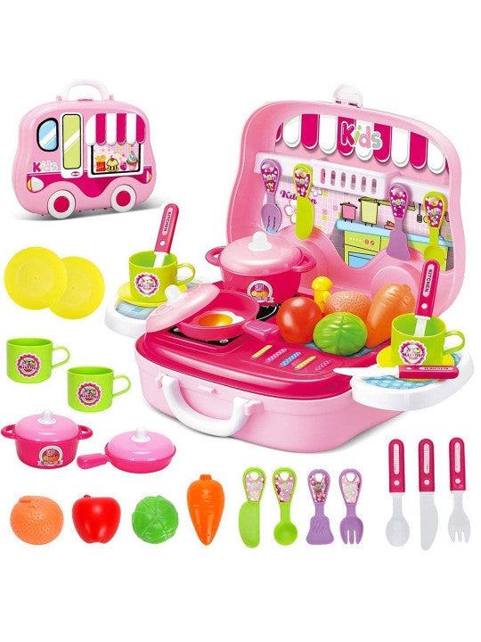Kids fun kitchen suitcase play kit with toy stove, pots, utensils, cups, plates, and colorful food toys for pretend cooking play