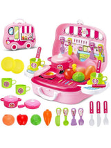 Kids fun kitchen suitcase play kit with toy stove, pots, utensils, cups, plates, and colorful food toys for pretend cooking play