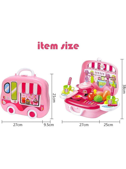Item size chart for kids fun kitchen suitcase play kit showing dimensions of the closed suitcase and the open kitchen setup with food toys and utensils