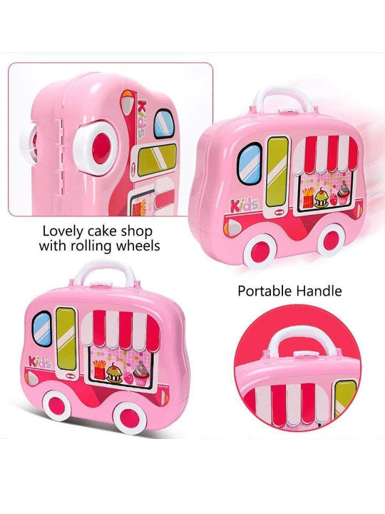Pink kids kitchen suitcase play kit shaped like a cake shop with rolling wheels and a portable handle for easy carrying and pretend cooking play