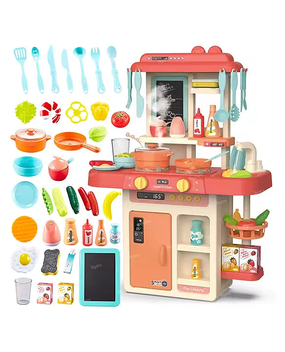 Home kitchen cooking station playset with complete accessories including utensils, cookware, vegetables, fruits, bottles, dishes, a mini chalkboard, and realistic sound stove for imaginative play