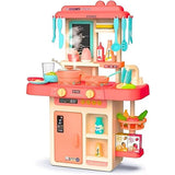 Colorful home kitchen cooking station playset with hanging utensils, stove, sink, cookware, food accessories, and realistic sound features for pretend play