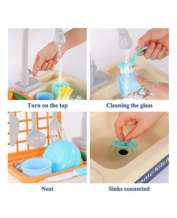 Home Kitchen Sink Play Station Designed for Water Play and Dish Cleaning Fun showing washing actions