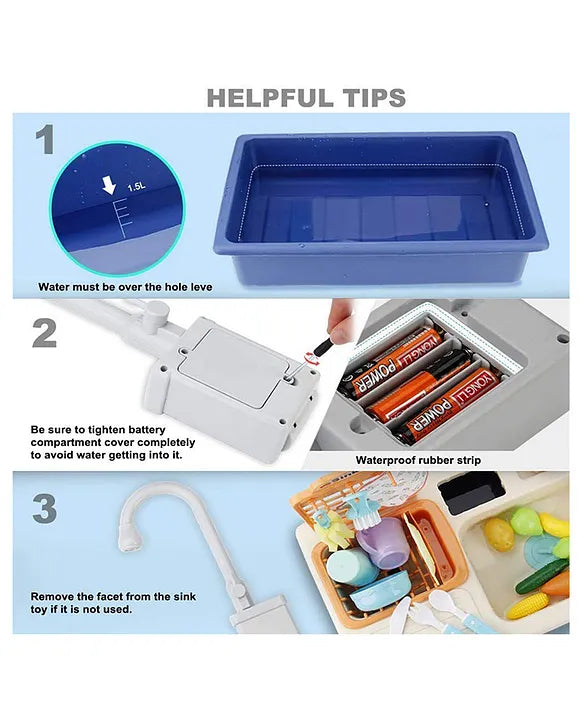 Home Kitchen Sink Play Station Designed for Water Play and Dish Cleaning Fun showing setup tips
