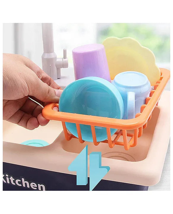 Home Kitchen Sink Play Station Designed for Water Play and Dish Cleaning Fun with basket holding toy dishes
