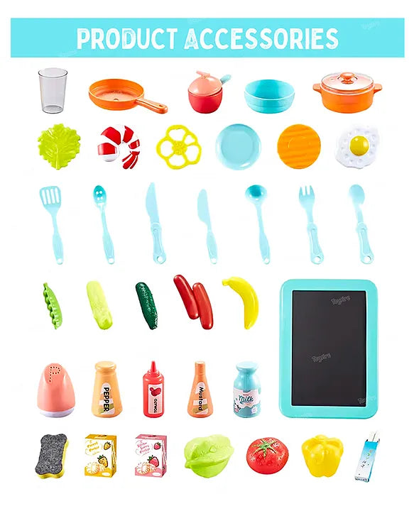 Home Kitchen Cooking Station Realistic Sound and Play Accessories shown with utensils cookware and food items