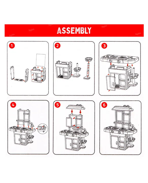 Home Kitchen Cooking Station Realistic Sound and Play Accessories assembly steps shown in six panels