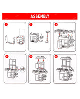 Home Kitchen Cooking Station Realistic Sound and Play Accessories assembly steps shown in six panels