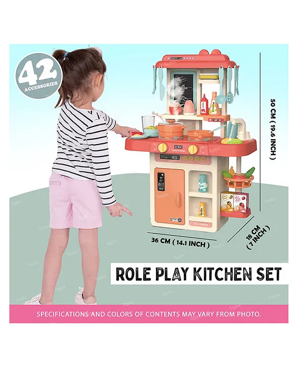 Home Kitchen Cooking Station Realistic Sound and Play Accessories shown with child and full size display
