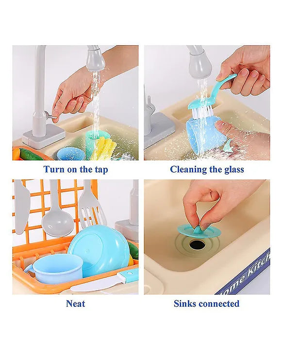 Kids kitchen sink playset feature demo showing tap running water utensil cleaning and sink connection