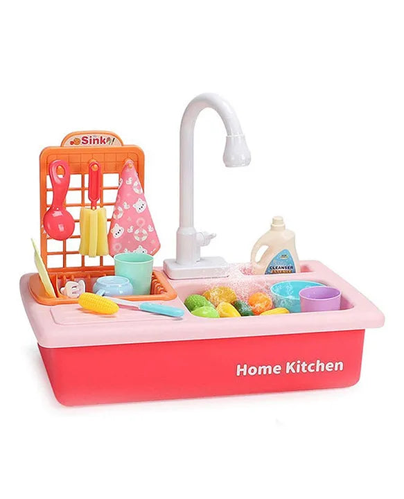 Kids kitchen sink playset with running water feature utensils cups and pretend vegetables in front view