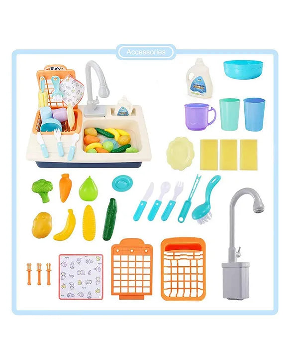 Full accessories set for kids kitchen sink playset including utensils cups vegetables faucet and racks